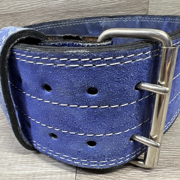 Vintage Thick Double Suede Powerlifting Belt Blue Two Prong - Picture 2 of 9